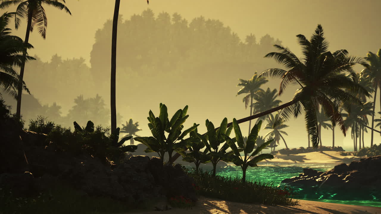 Serene tropical beach at sunset with palm trees and calm waters