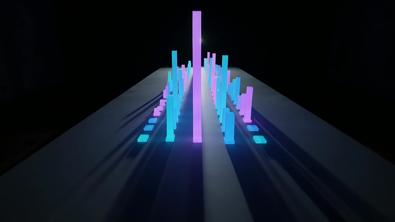 Brightening magenta pillar causing cyan magenta bars rising on matte stage, casting sharp shadows