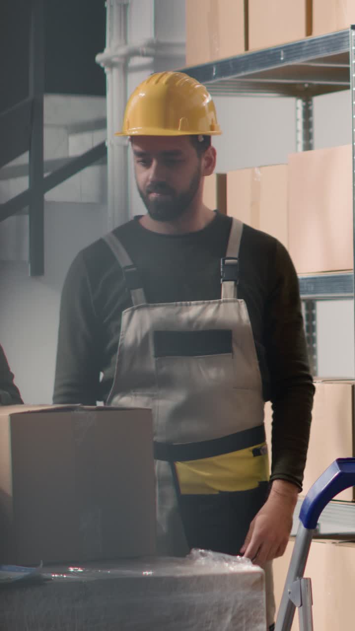 Vídeo vertical de empleados de almacén sellando una caja