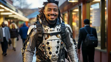 man wearing an advanced exoskeleton suit walks through a bustling market