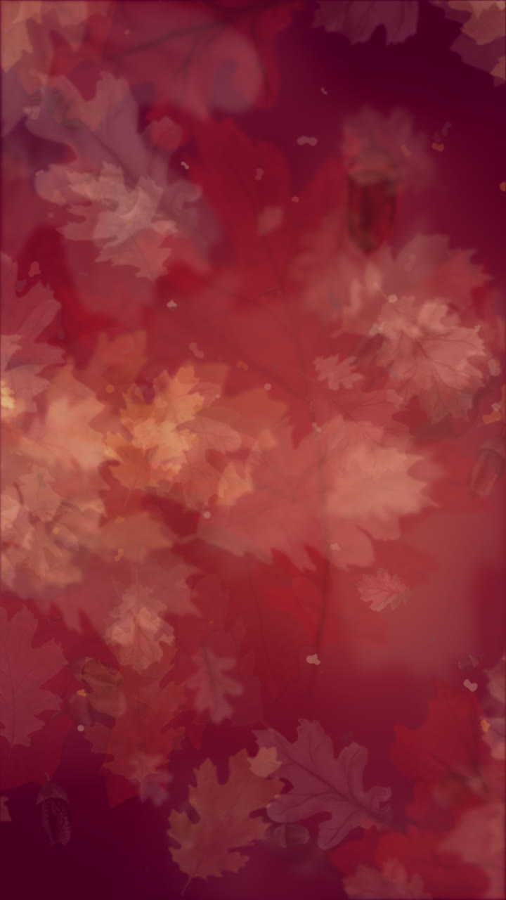 Blurred abstract autumn background of red oak fallen leaves. Copy space. Loop motion graphic. Vertical video.