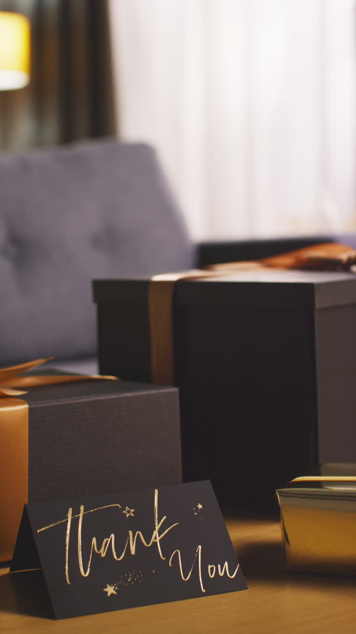 황금 리본과 감사 카드와 함께 검은 선물 상자