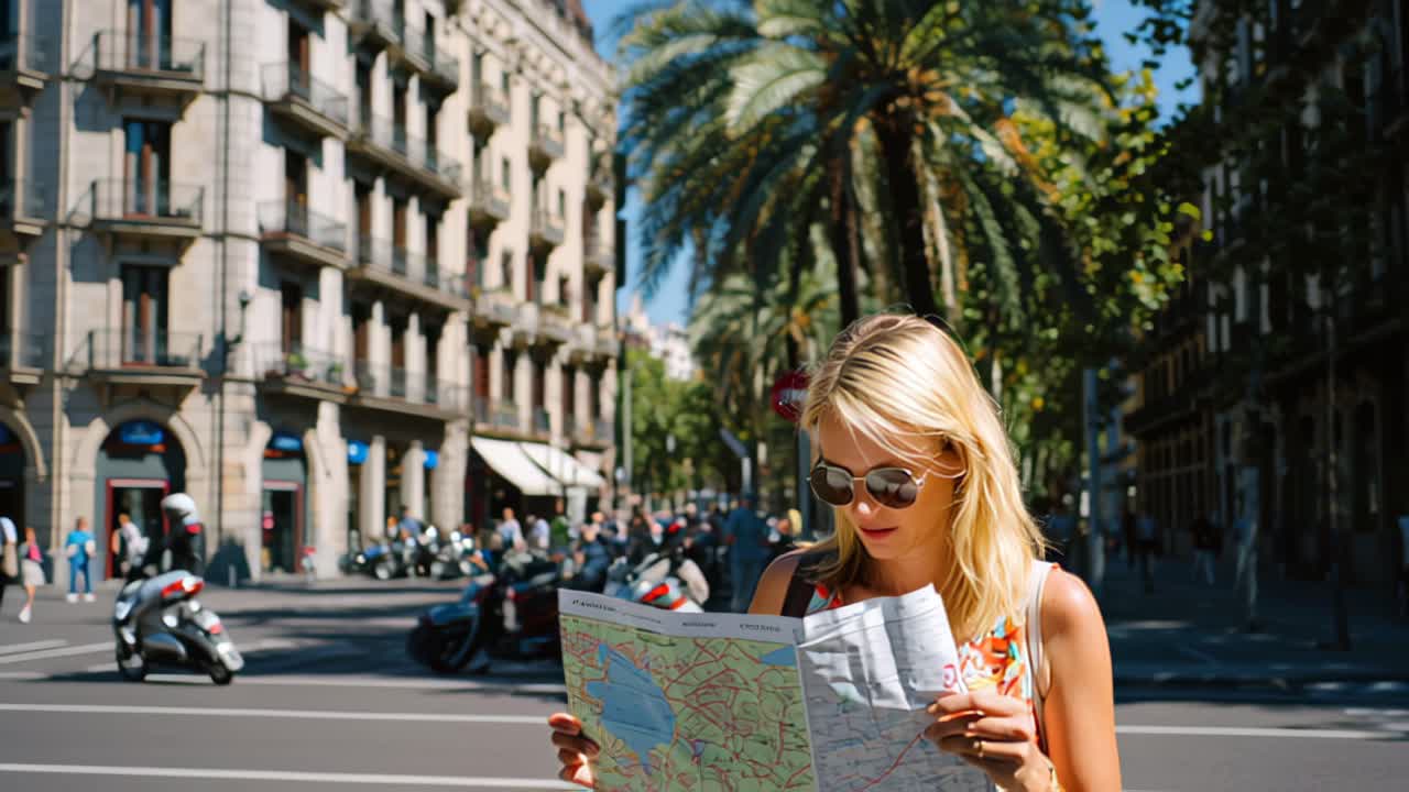 Giovane donna viaggiatrice che indossa occhiali da sole consulta una mappa cartacea su una strada cittadina soleggiata con palme, scooter ed edifici classici, concetto di turismo urbano e navigazione.
