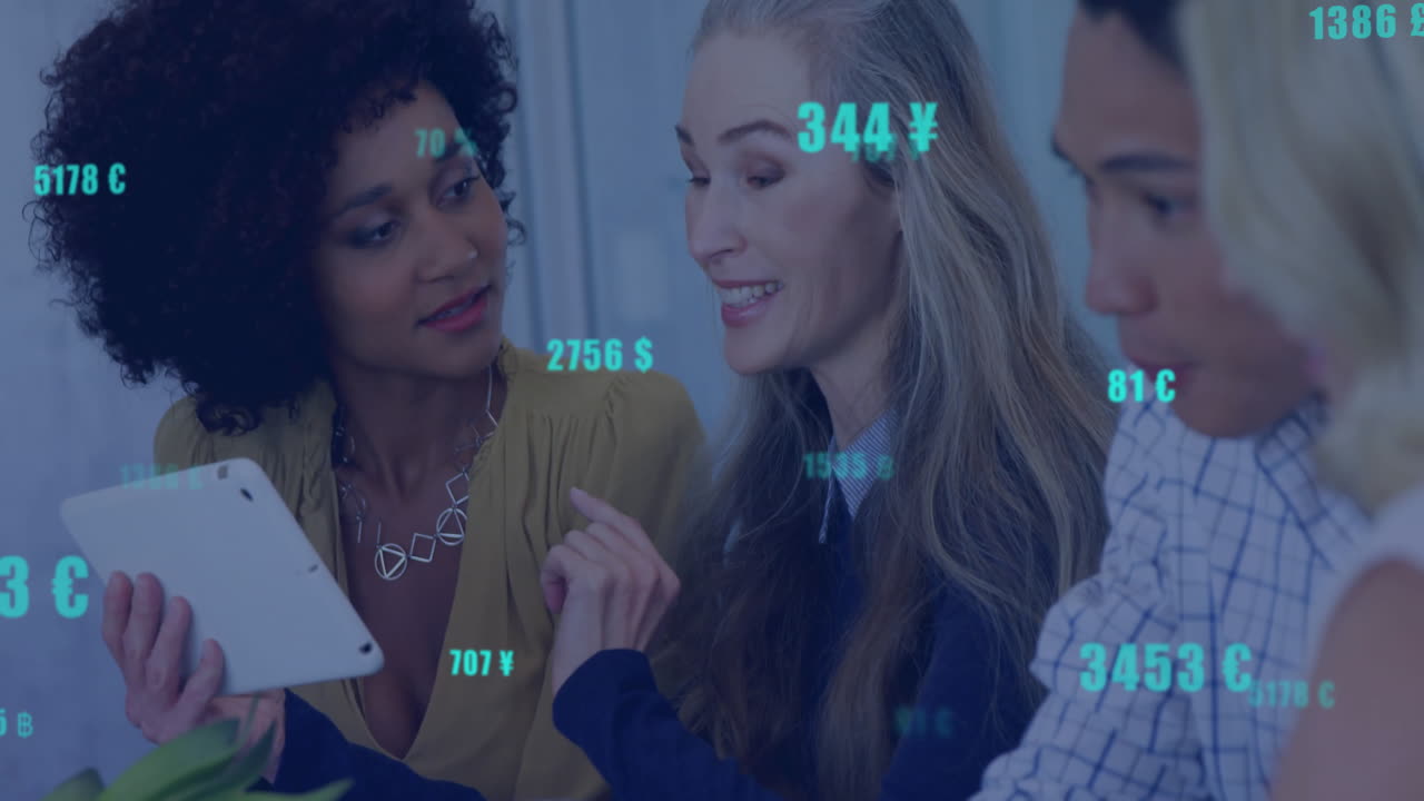 In school, animation of diverse business team discussing financial data with symbols