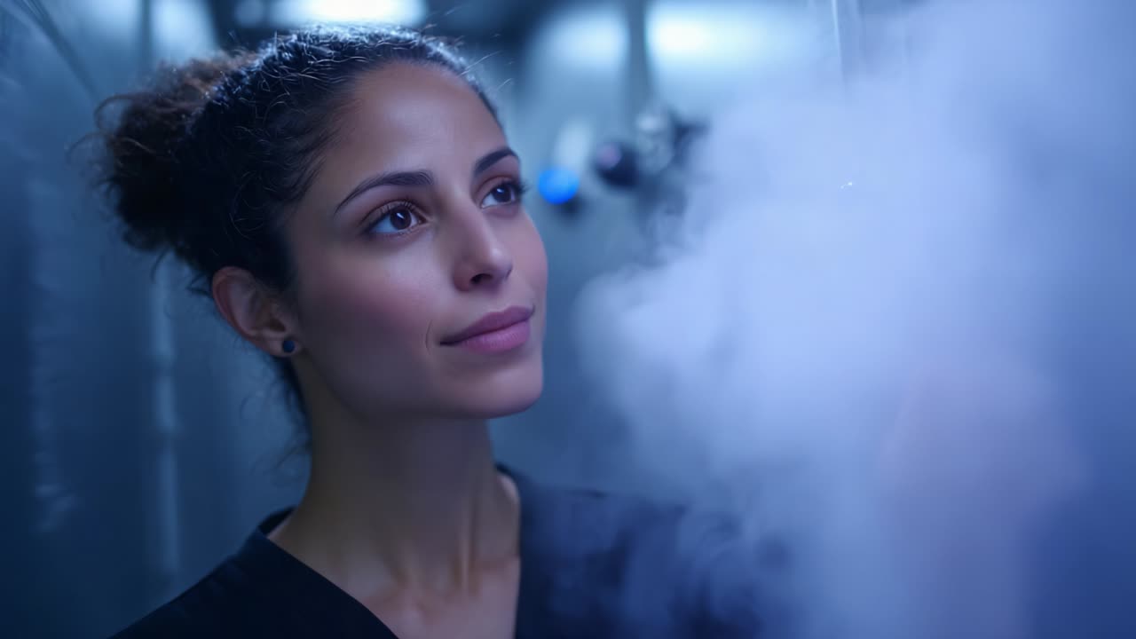 A focused individual exploring innovative technology with a thoughtful expression, surrounded by a misty environment that hints at advanced scientific applications and modern solutions in a bright, captivating atmosphere