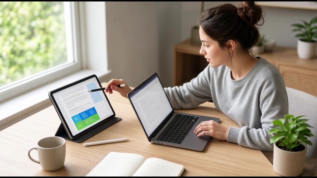 Young Woman Working on Laptop and Tablet at Home Office