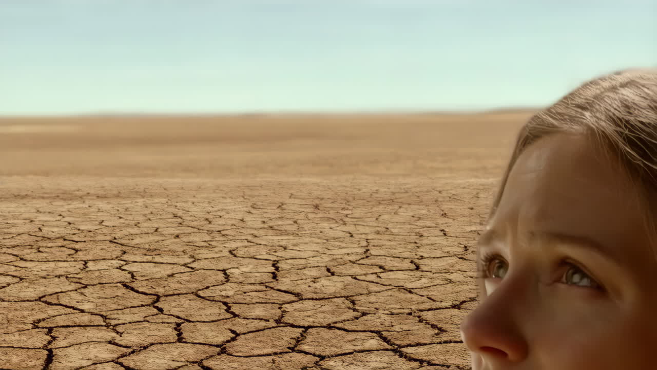 Woman looking up in a dry, cracked desert landscape