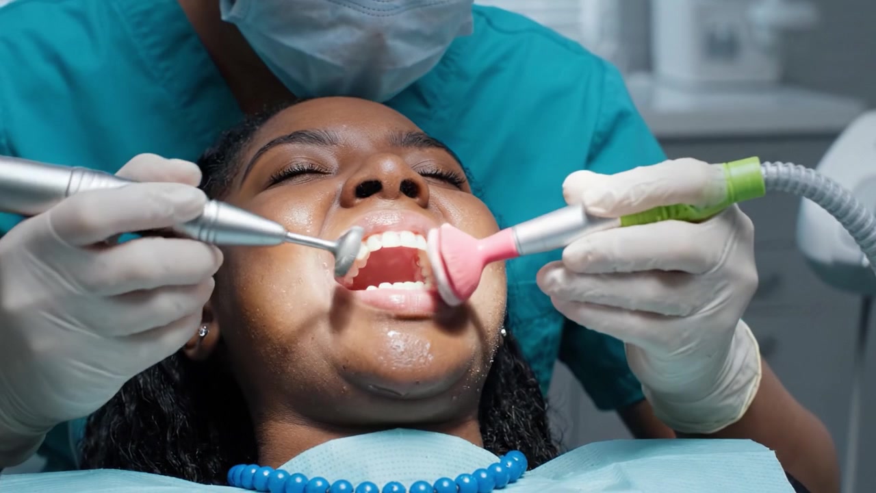 Dental Care Procedure: A Patient Experiences Oral Treatment with Precision Instruments and Professional Care in a Modern Dental Office Environment