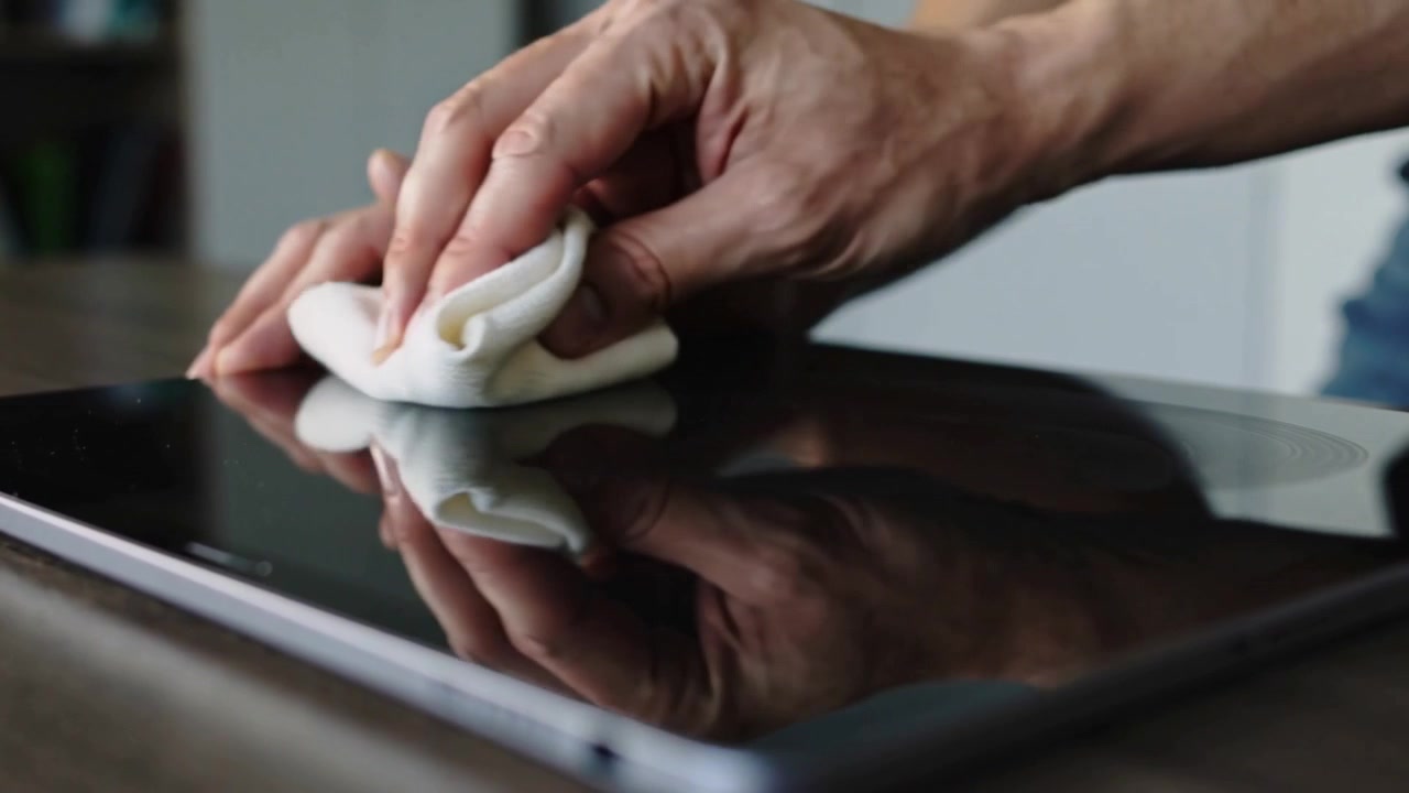 Placing folded white cloth, man wiping tablet on wood table, home, rotating cloth, removing smudges