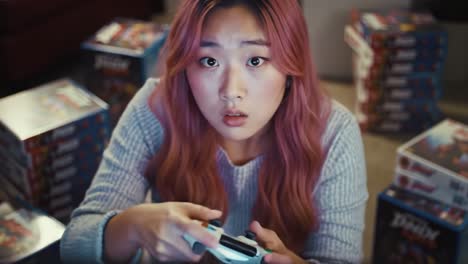 a gamer's intense focus: captivated by the challenge amidst a sea of game boxes, this player perfects their skills with every move in the competitive gaming world