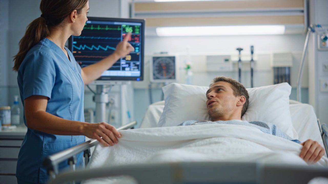 Infermiera in divisa che indica e spiega il cambio del monitor al letto d'ospedale, con il paziente in camice e lenzuolo.