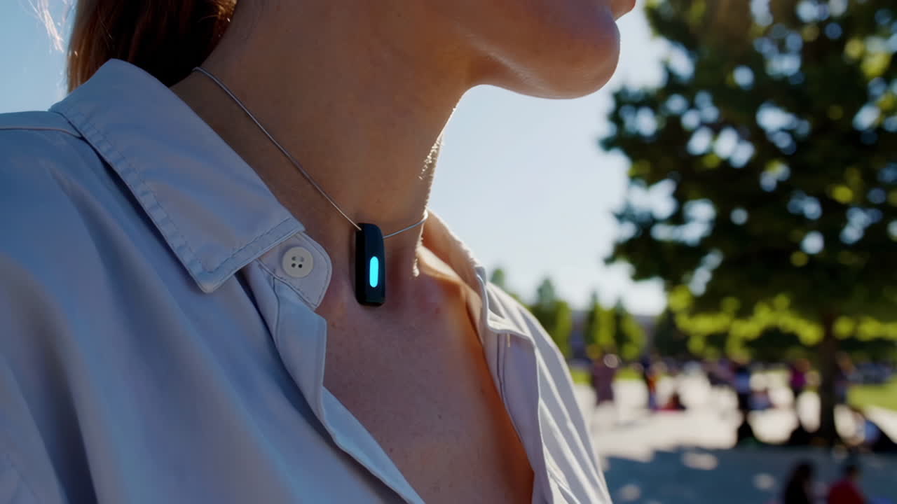 Woman Wearing a Neck-Mounted Device in a Park