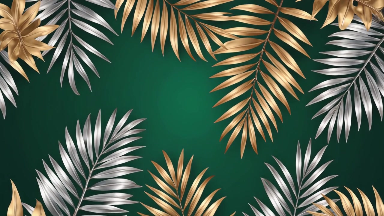 Animated Gold and Silver Palm Leaves on Dark Green Background