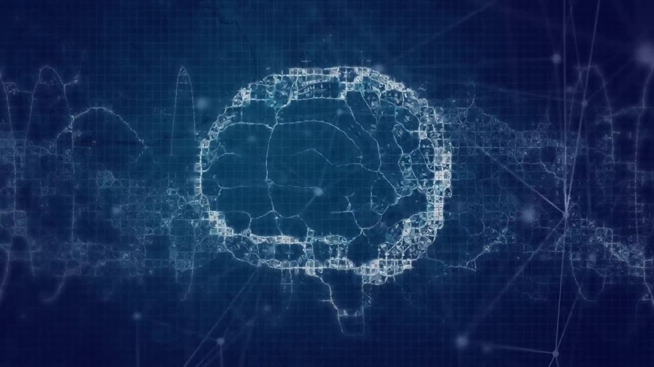 animación del cerebro humano, cadena de adn y redes de conexiones sobre fondo azul