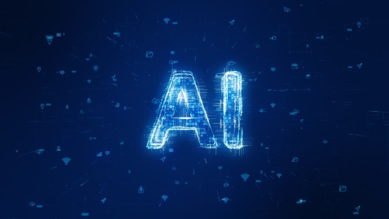 gráfico en movimiento del logotipo de la partícula azul ai con icono de tecnología futurista en un fondo abstracto
