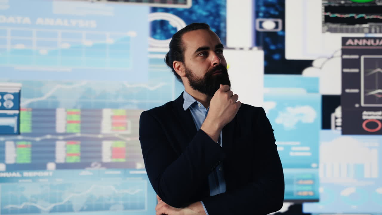 Conceptual image of a businessman in a digital environment focused on metrics