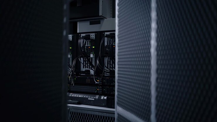 Forward movement between textured server cabinets gradually opens the view onto rack-mounted hardware, black cable bundles, metal panels, and small green and amber status lights.