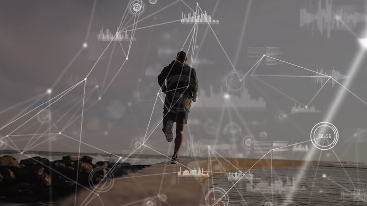 Animation of network of connections over back view of fit african american man jogging at sea