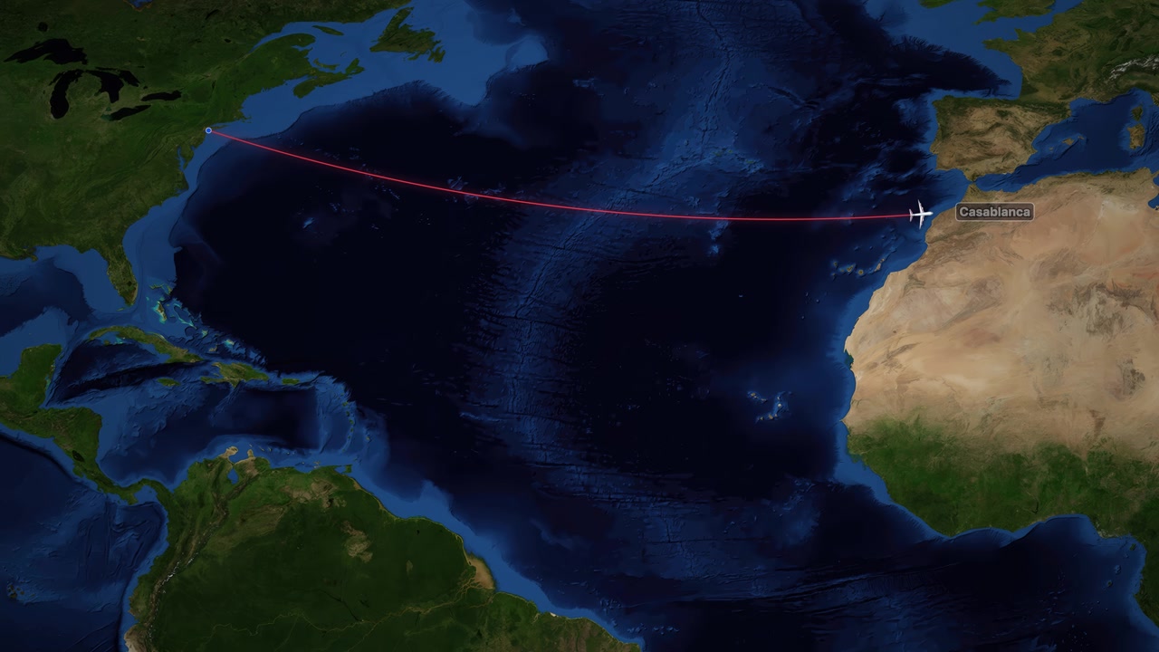 Satellite world map shows an airplane flying across the Atlantic Ocean from America to Africa