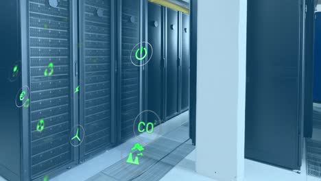 animation of icon in circles over data server racks in server room