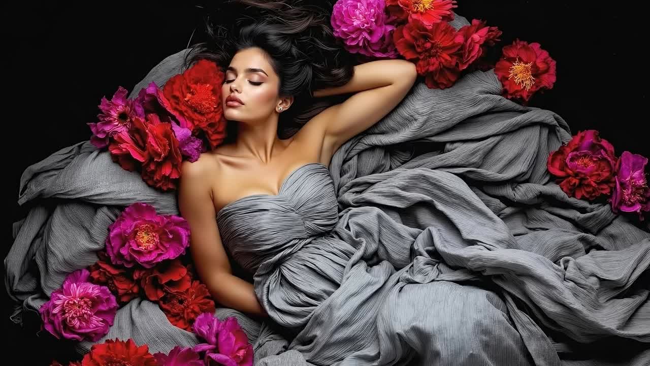 A woman laying on a bed of flowers with her eyes closed