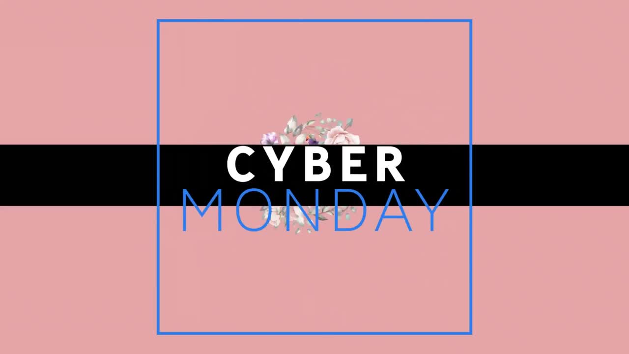 Animasi digital spanduk teks Cyber Monday dengan desain bunga berputar pada latar belakang merah muda