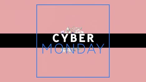 animación digital del banner de texto de cyber monday contra el diseño floral que gira sobre un fondo rosa