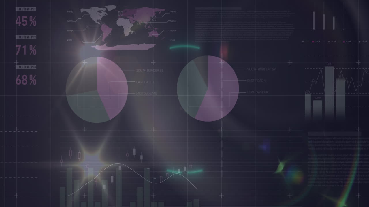 animación de círculos de neón sobre el procesamiento de datos y el mapa del mundo.