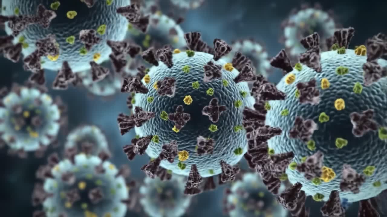 Detailed Visual Representation of Viral Structures Showing Complex Surface Proteins and Interactions with Potential Host Cells in High Magnification