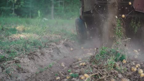 potato harvesting by old digger slow motion dirt