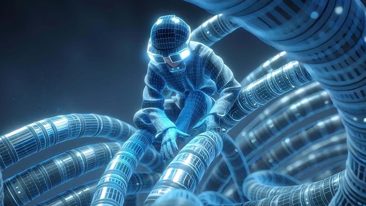 Worker in futuristic gear interacts with glowing data cables at night