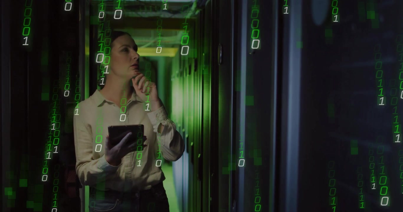 Female IT specialist entering data center aisle, diagnosing network traffic with binary overlay