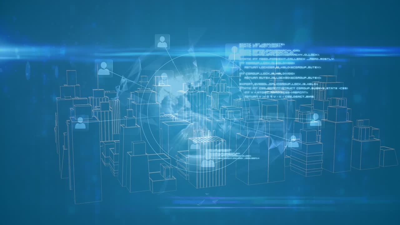 지구상의 프로필 아이콘과 파란색 배경에 회전하는 3d 도시 모델에 대한 데이터 처리