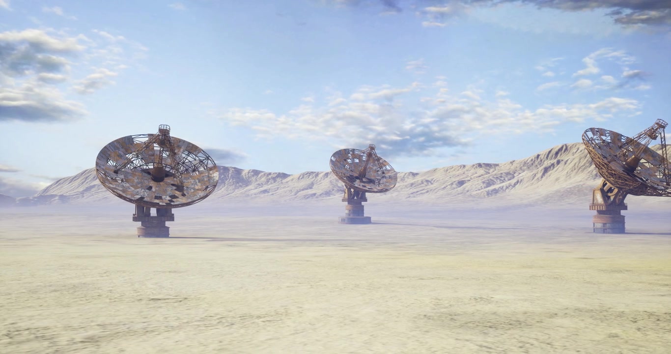 Technicians calibrate shining metal objects beneath pale sky