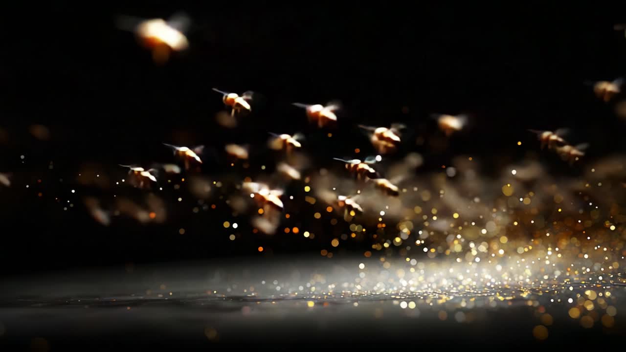 A Mesmerizing Display of Bees in Flight Captured in Stunning Detail with a Glittering Background, Showcasing Their Graceful Movement and the Beauty of Nature