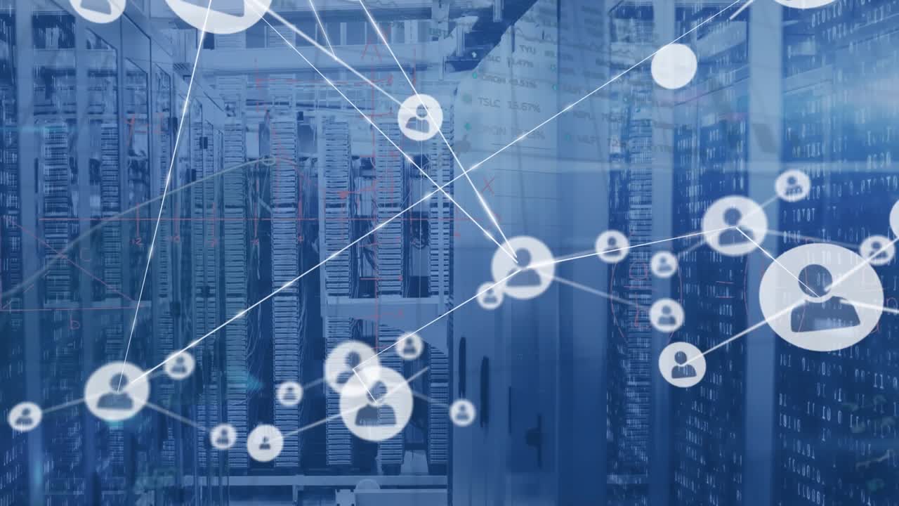 Animation of network of connections and data processing over computer servers