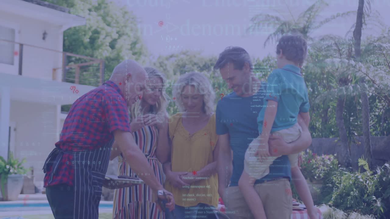 Grandfather flipping sausages triggers daughter tasting and family gathering poolside sharing food