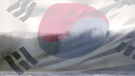 animación de la bandera de corea del sur ondeando sobre el paisaje de la playa