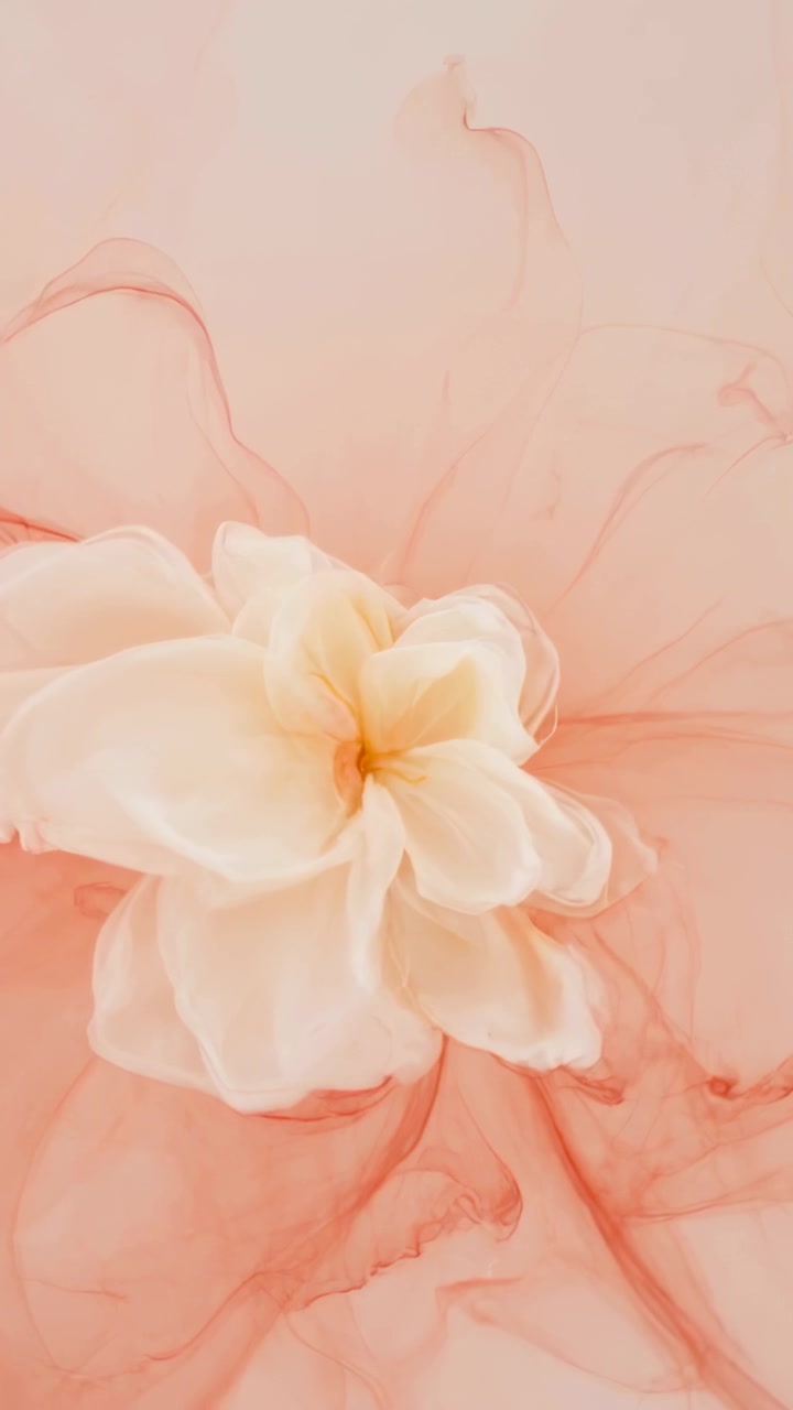 Video verticale: Zoom della telecamera che si sposta rivelando un fiore giallo crema in una composizione flatlay che mostra una sfumatura pesca.
