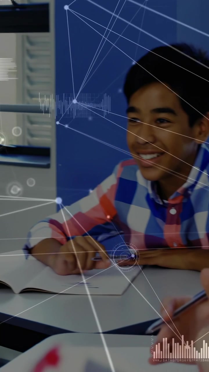 Vertical video: Plaid boy leaning, writing while class reacting to teacher cue, HUD hovering faces