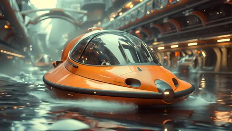 Futuristic Orange Water Vehicle in a Sci-Fi Urban Setting