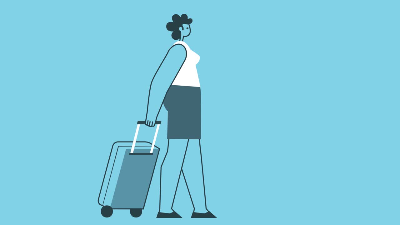 Graphic Flat Design Woman Cartoon Character Walk Cycle with  Travel Suitcase Isolated Loop 2d Animation with Alpha