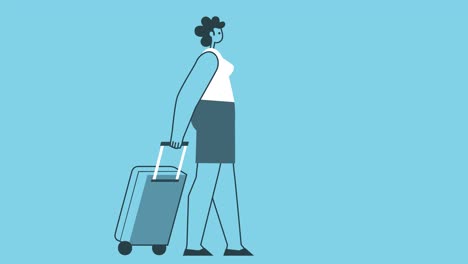 graphic flat design woman cartoon character walk cycle with  travel suitcase isolated loop 2d animation with alpha