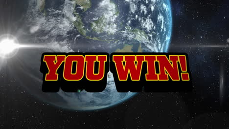animation of you win text in red letters over earth and universe on blue background