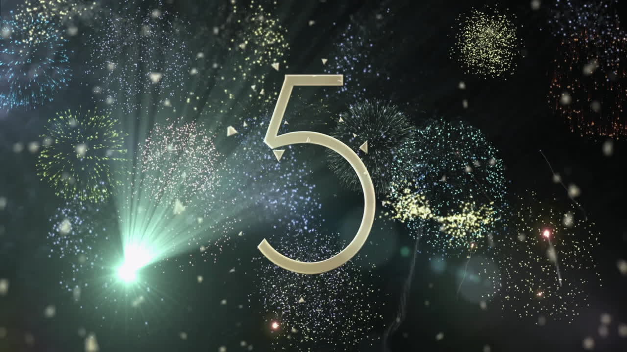 Animazione di fuochi d'artificio nel cielo scuro con numero.