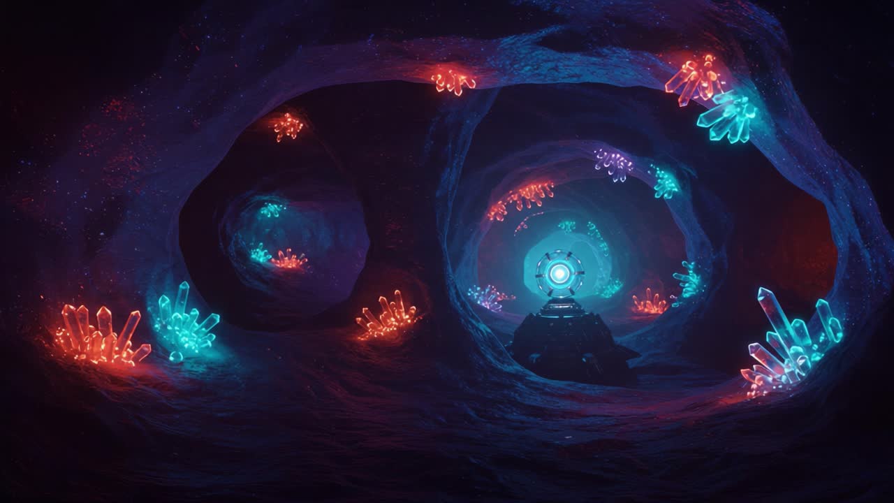 A Mystical Journey Through an Illuminated Crystal Cave: Exploring the Vibrant Glow of Bioluminescent Structures and Advanced Technology
