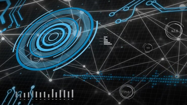 Blue concentric HUD disc appearing rotating pulsing linking nodes redrawing mesh visualizing data
