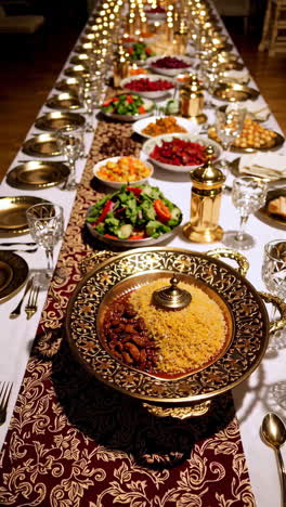 formal dinner table setting with diverse dishes