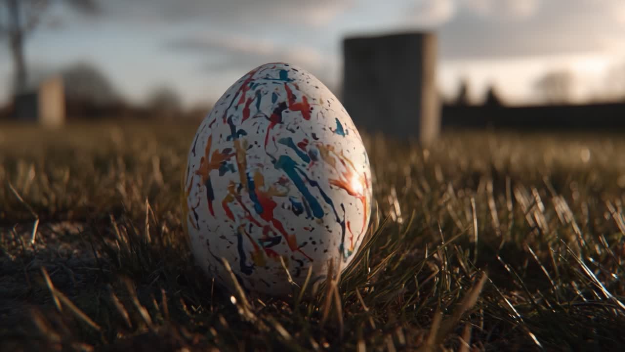 A Colorful Egg Nestled in the Grass, Captivating the Beauty of Nature and Light in an Evening Landscape