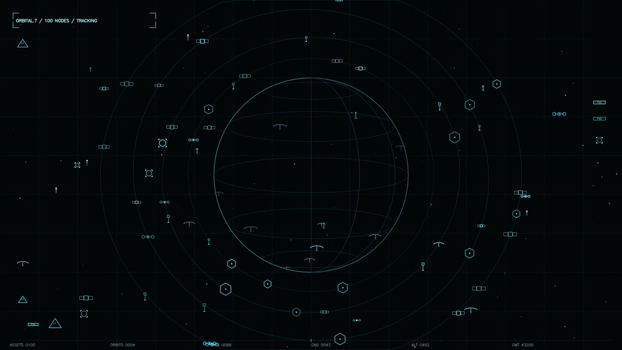A complex futuristic HUD interface displays a central wireframe globe surrounded by orbital paths and satellite tracking nodes. The screen features detailed telemetry data, asset counts, and altitude